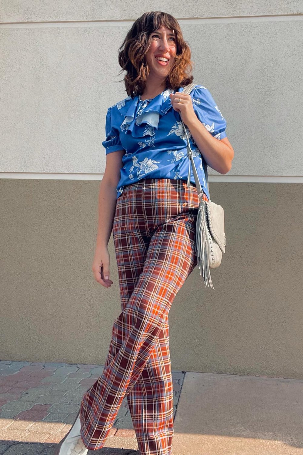 Ruffled Floral Blouse with Plaid Pants