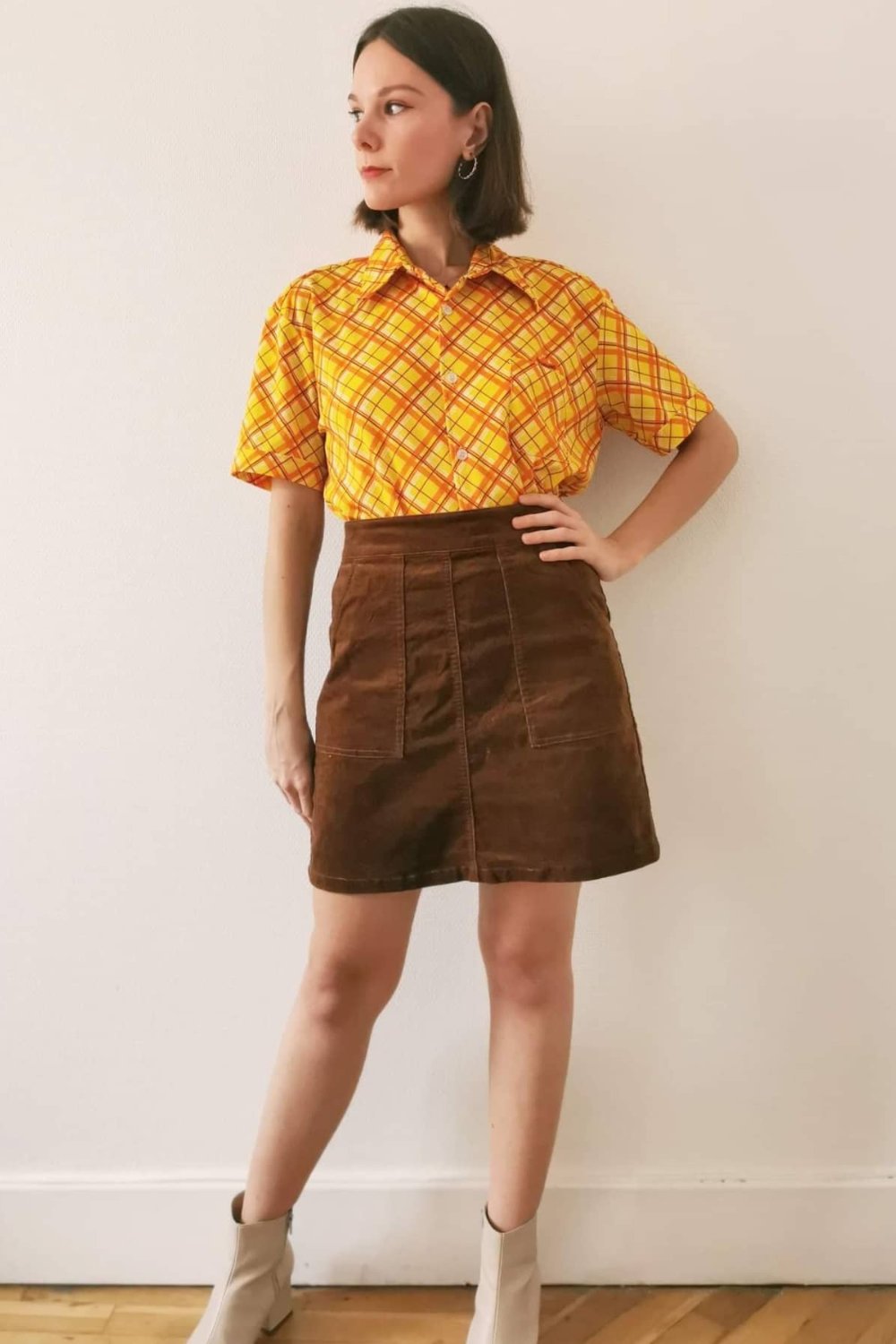 Plaid Skirt with Corduroy Shirt