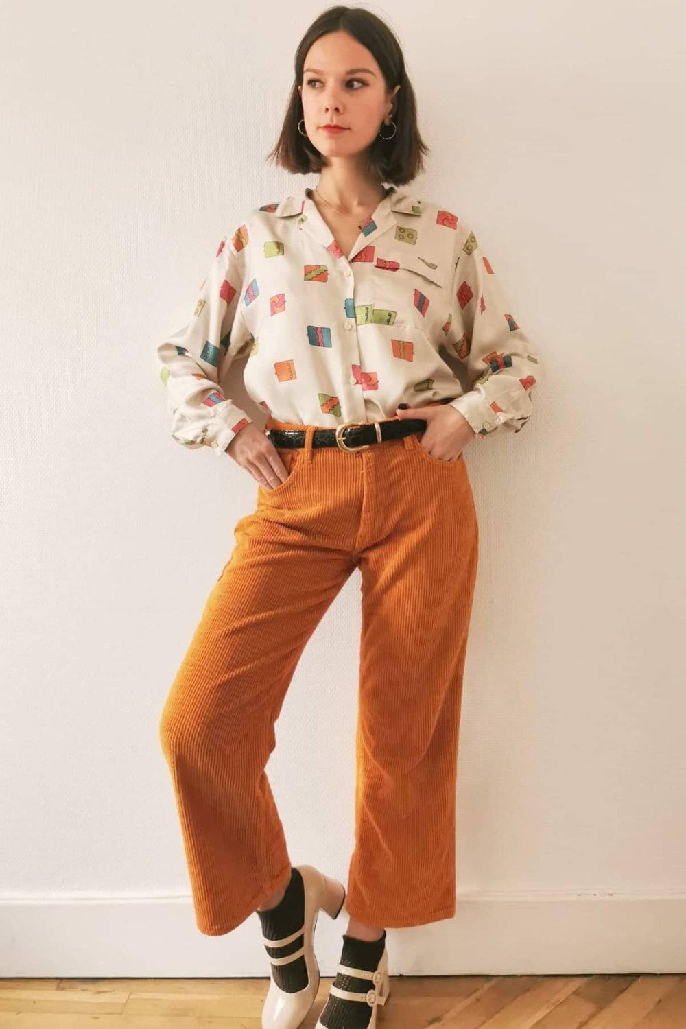 White Printed Shirt and Bright Corduroy Pants