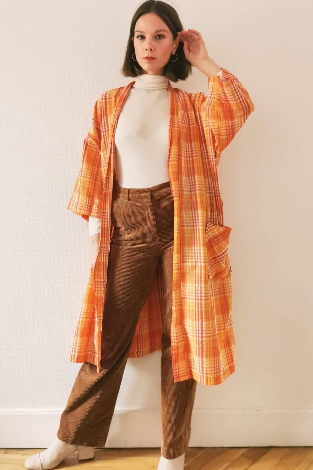 Bright Plaid Coat and Corduroy Pants