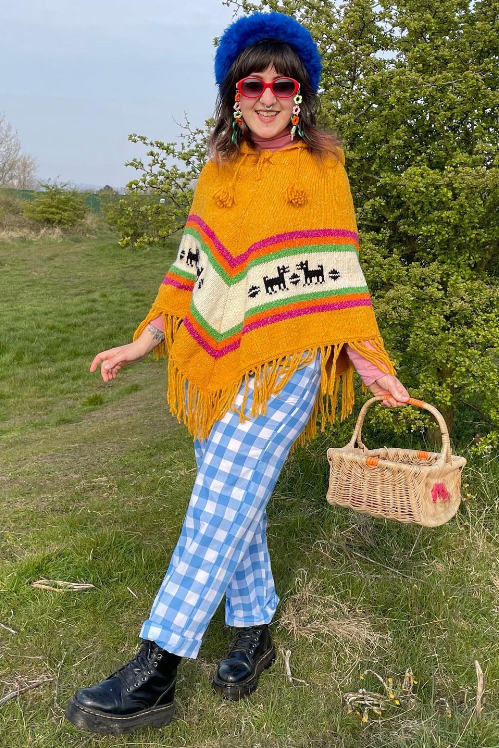 Bright Knit Poncho and Gingham Pants