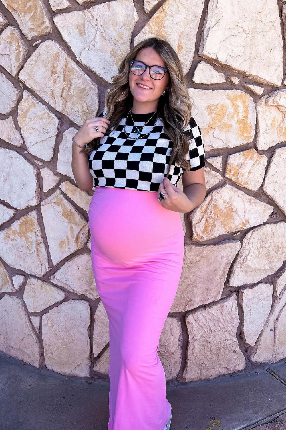 Checkered Crop Sweater with Pink Maxi Dress