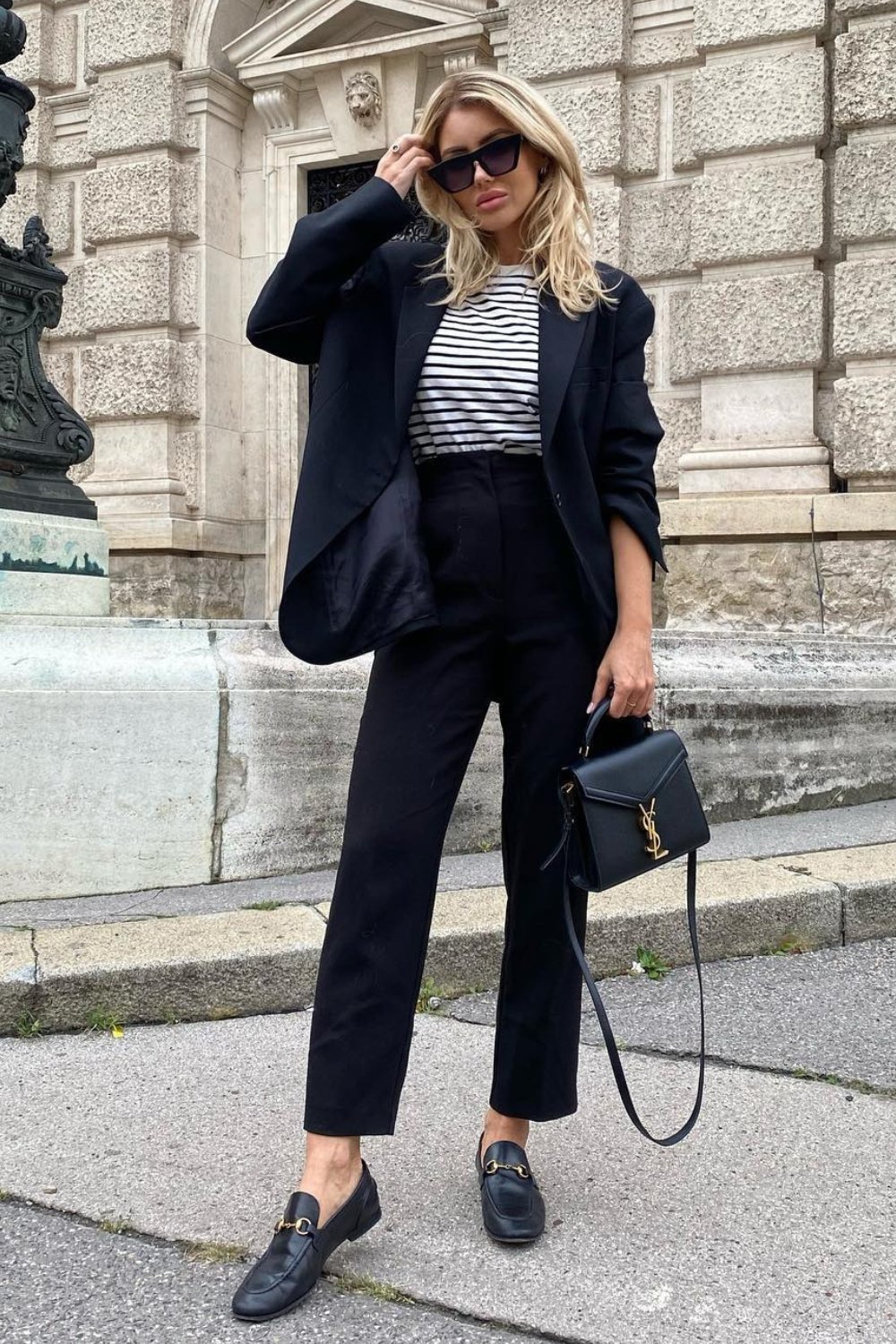 Blazer with Striped Top and Black Trousers