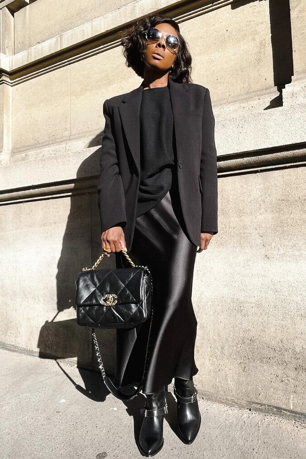 Oversized Blazer with Black Midi Skirt