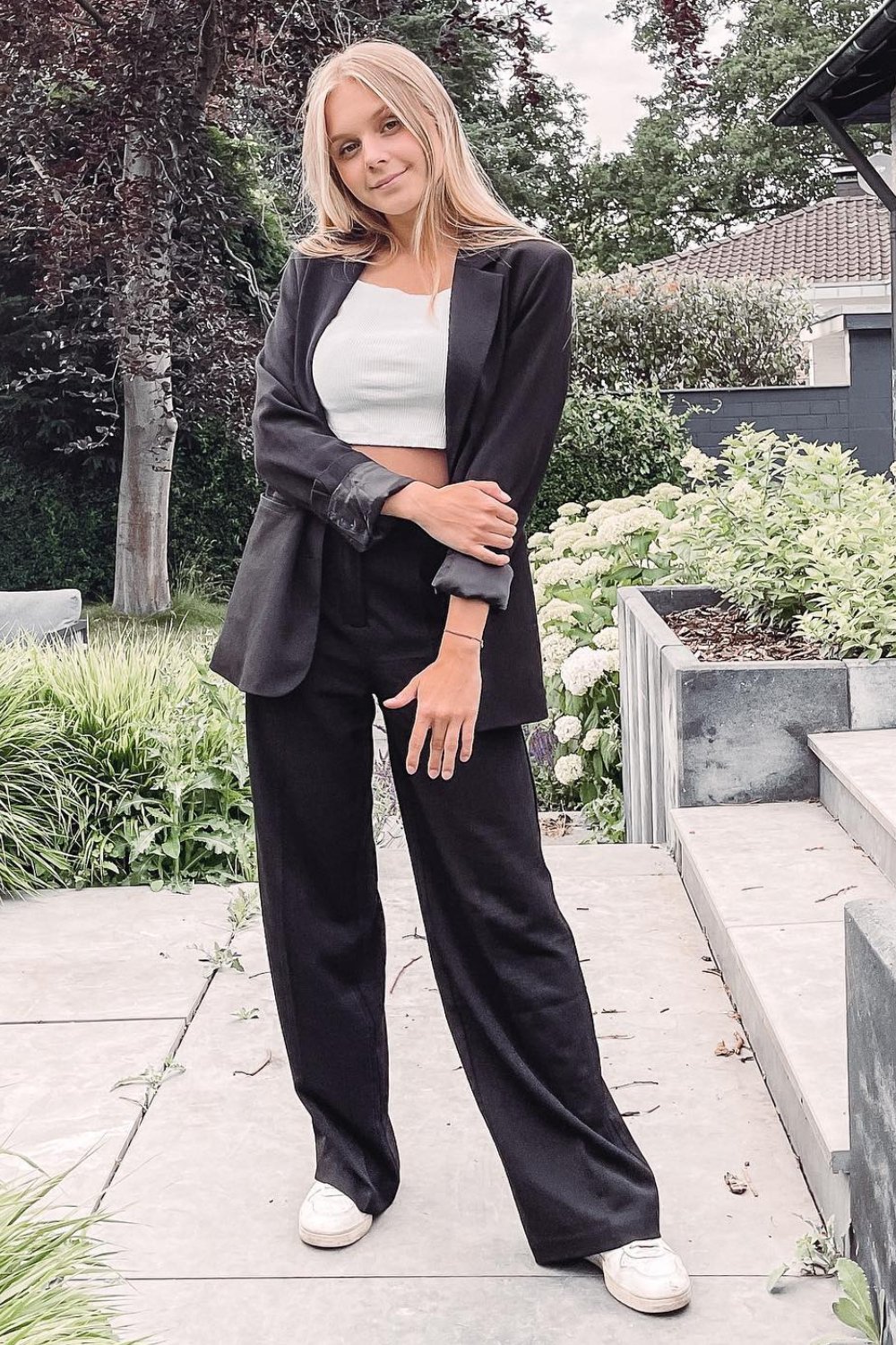 Blazer with White Cropped Top and Wide-Leg Trousers