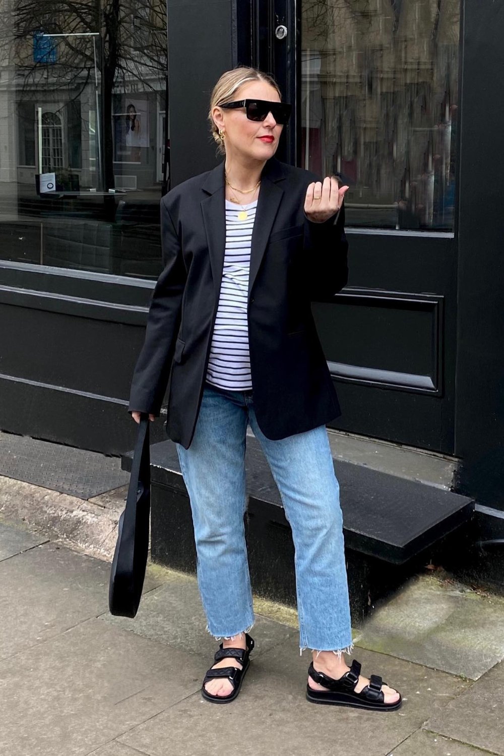 Black Oversized Blazer with Striped Tee and Jeans