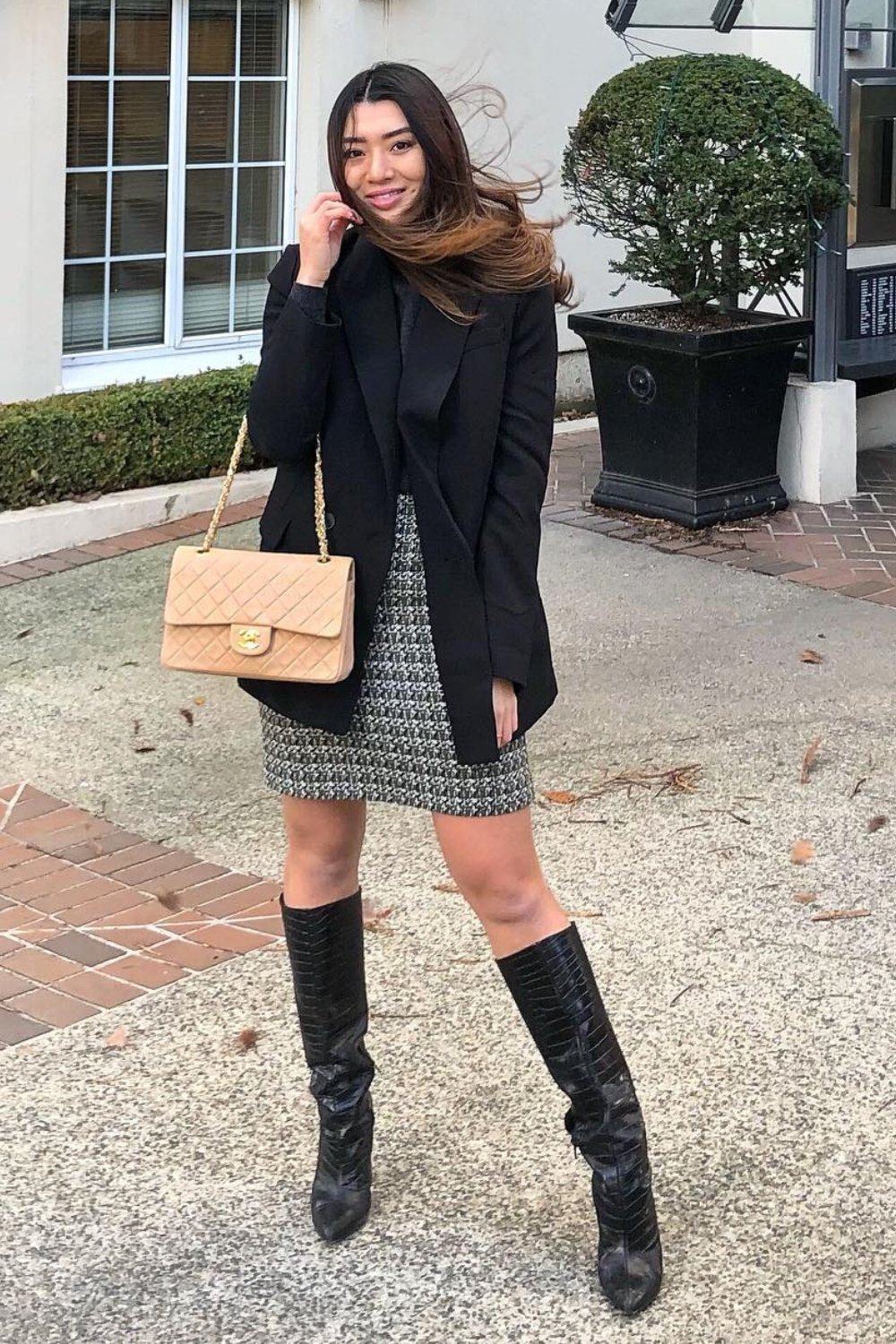 Black Blazer with Tweed Mini Skirt