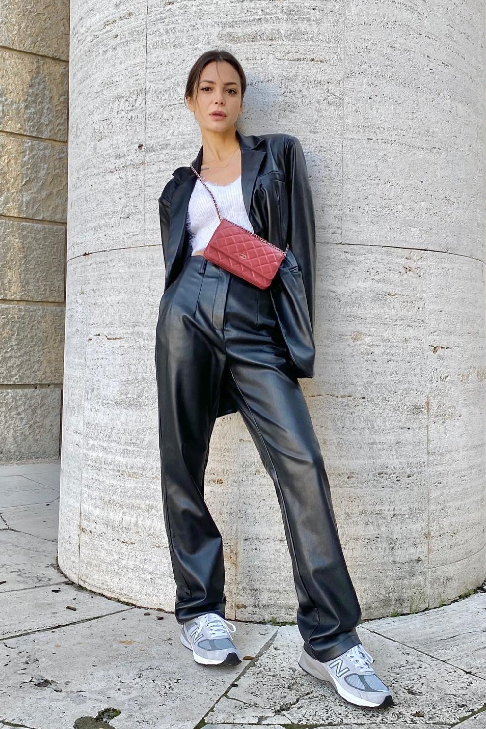 Leather Blazer with Ribbed Tank and Leather Pants