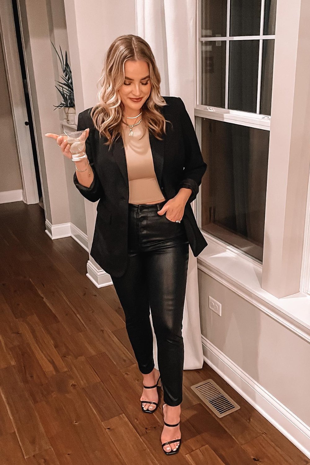 Blazer With Beige Camisole and Leather Pants