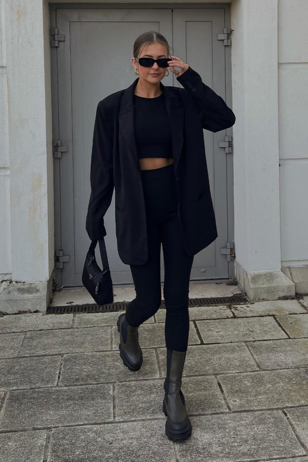 Blazer with Black Crop Top and Leggings