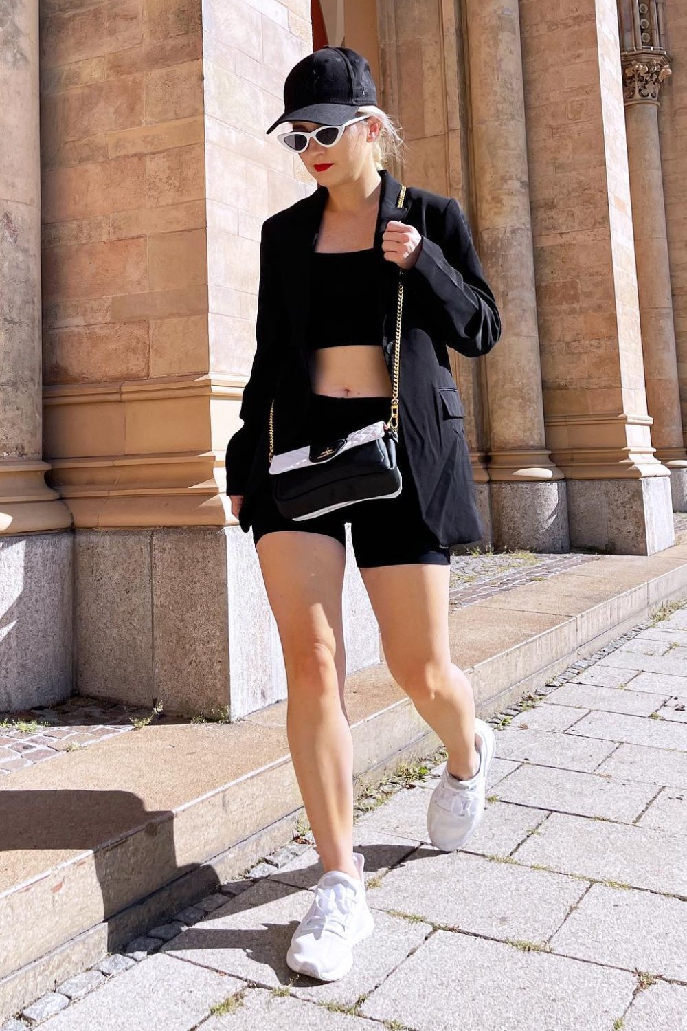 Black Baseball Cap, Oversized Blazer, Crop Top and Biker Shorts