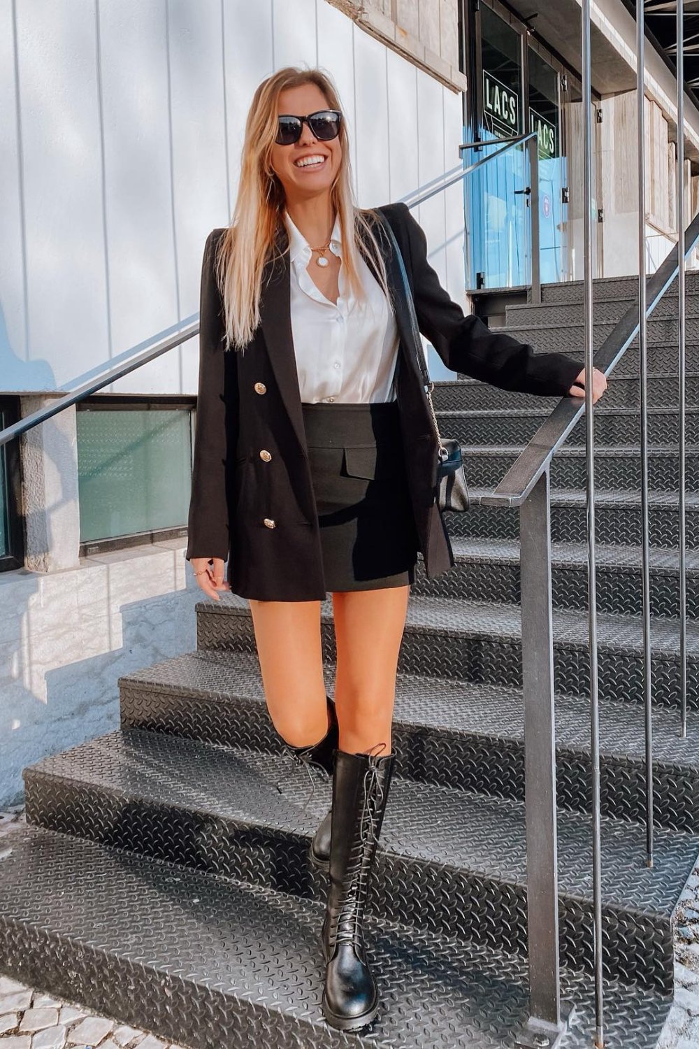 Double-Breasted Blazer with Button-Up Shirt and Mini Skirt