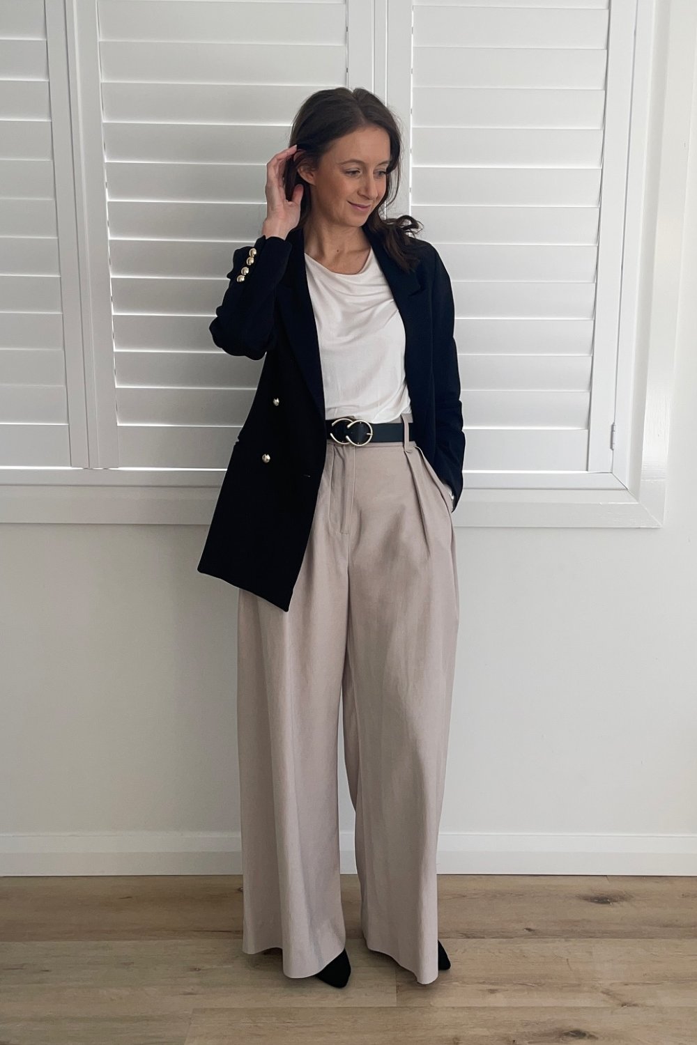 Double-Breasted Blazer with White Tee and Wide-Leg Trousers