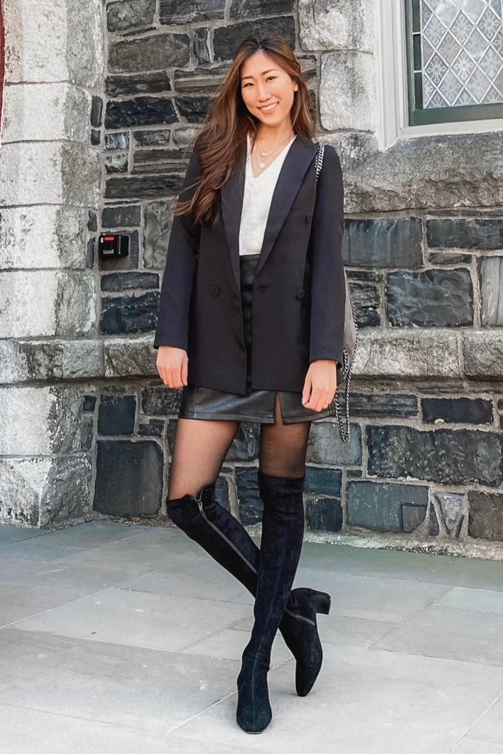 Oversized Blazer with Cropped Top and Leather Skirt