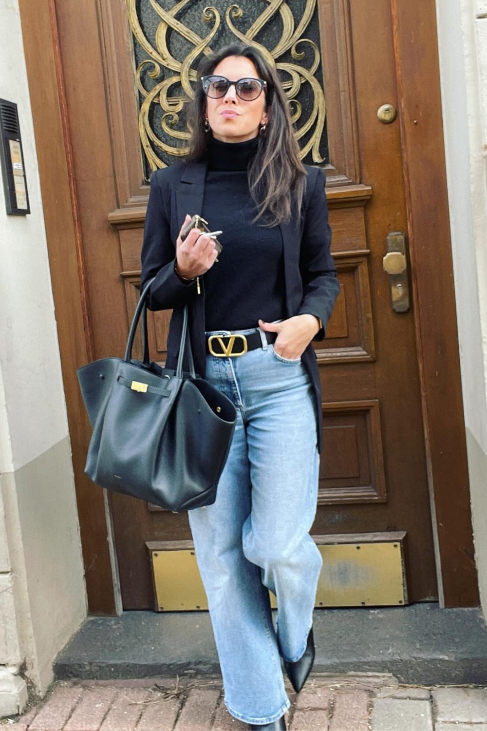 Blazer with Black Turtleneck, Jeans and Belt