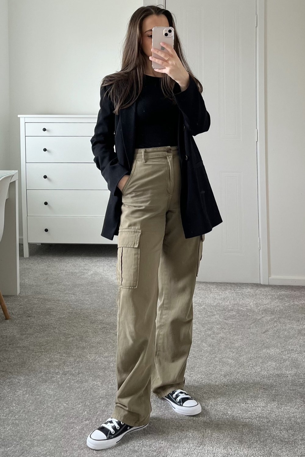 Long Coat with Cargo Pants and Sneakers