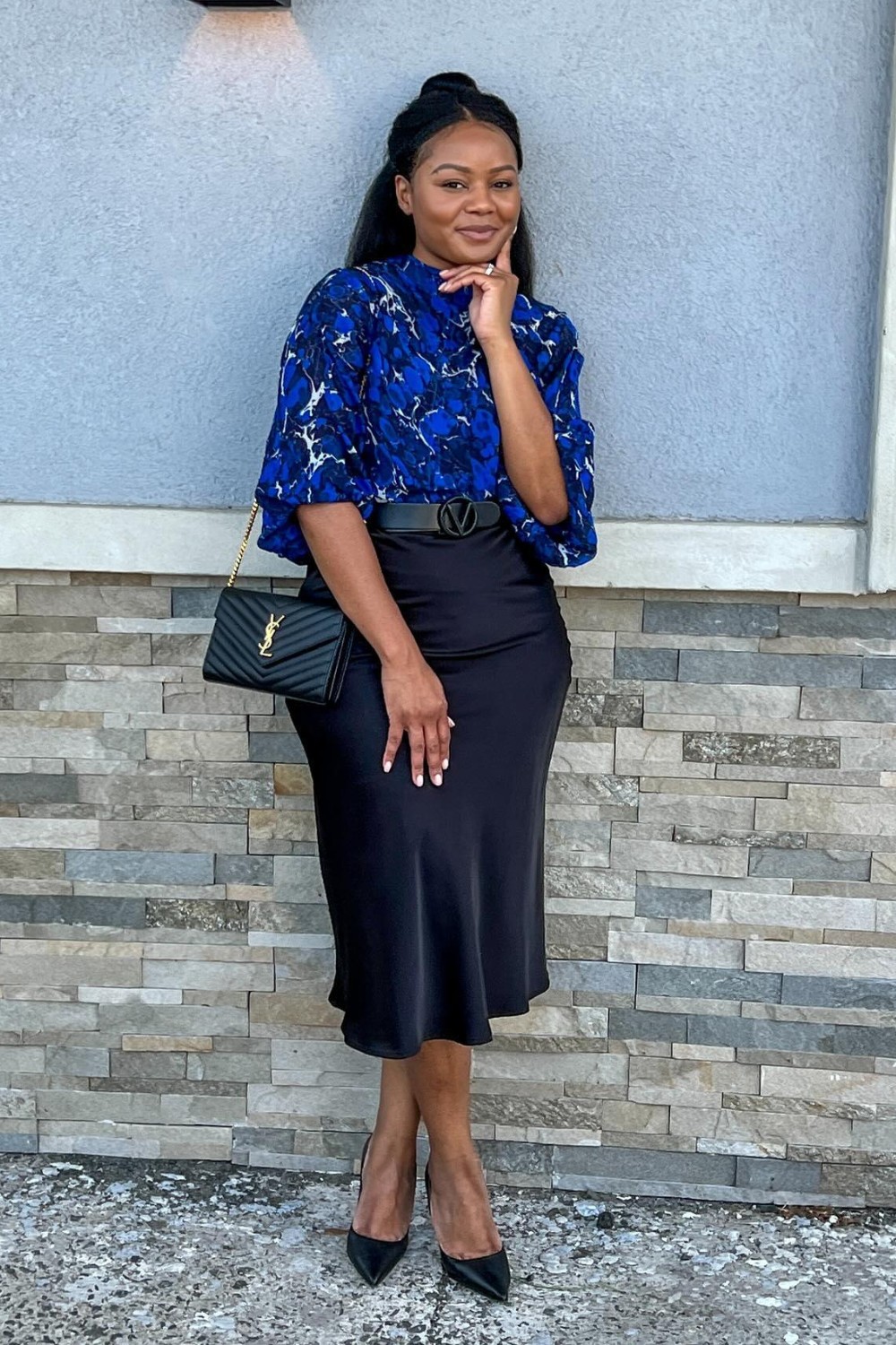 Dark Patterned Blouse and Pencil Skirt