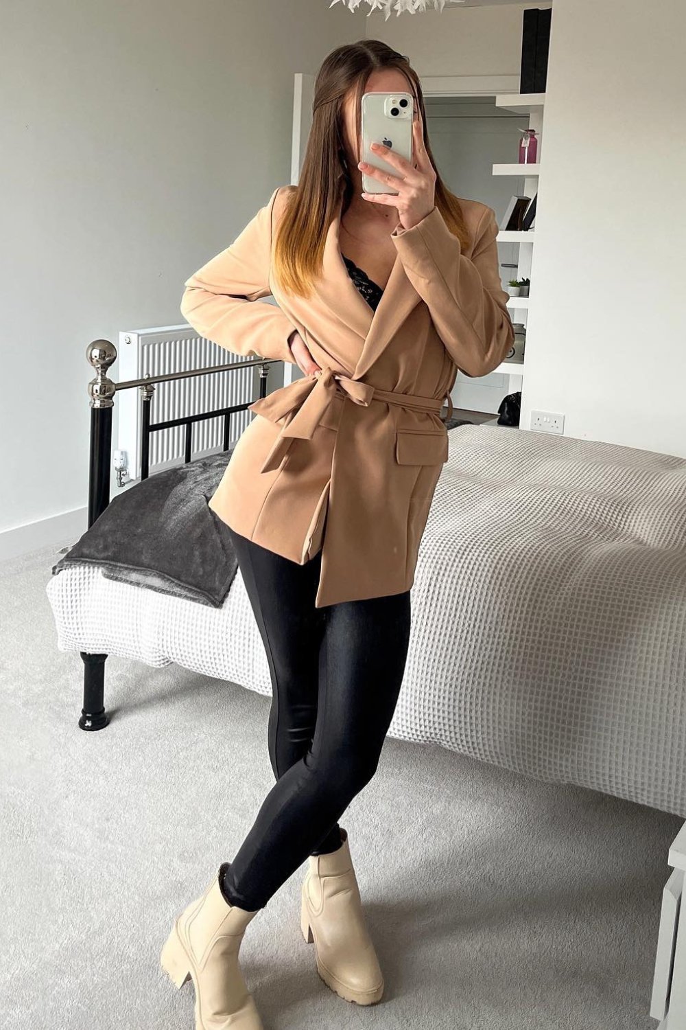 Camel Belted Coat, Black Leggings, and Cream Chelsea Boots