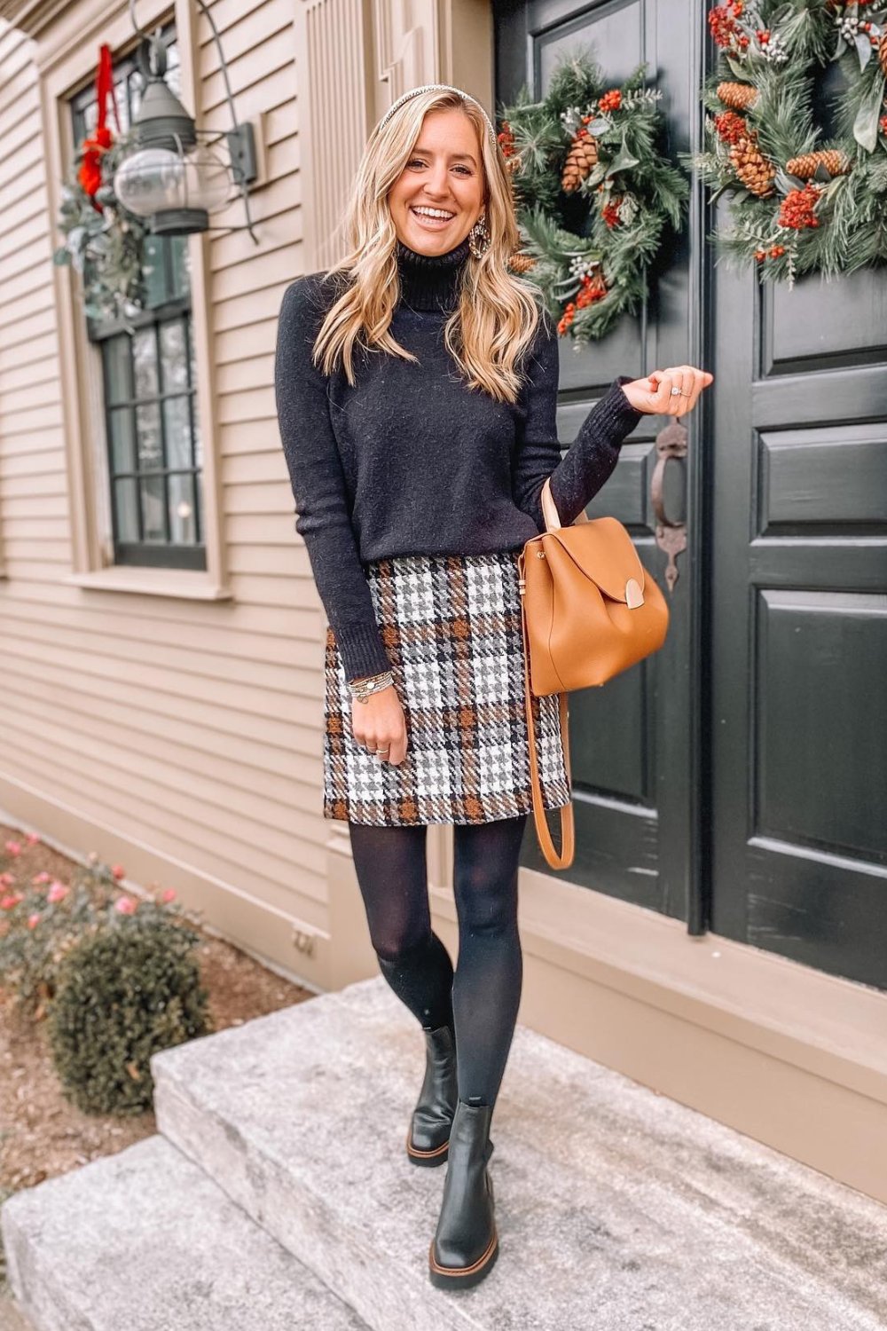 Dark Turtleneck Sweater, Plaid Mini Skirt, Tights, and Black Chelsea Boots