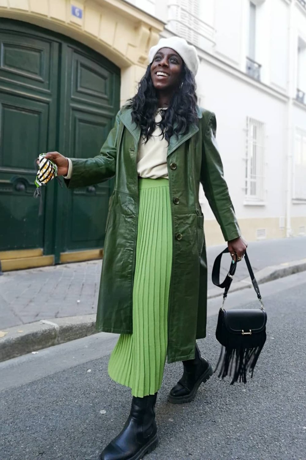 Leather Coat, Long Pleated Skirt, and Black Chelsea Boots