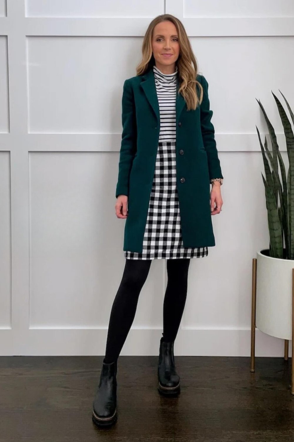 Long Coat, Checkered Midi Skirt, Tights, and Boots