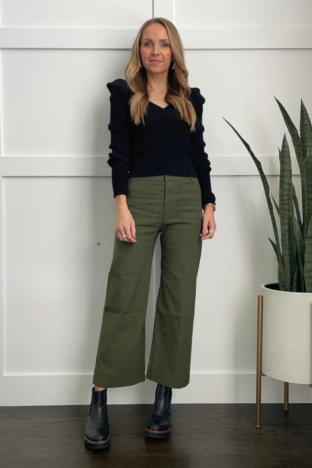 Puff-Sleeve Sweater, Wide-Leg Pants, and Boots