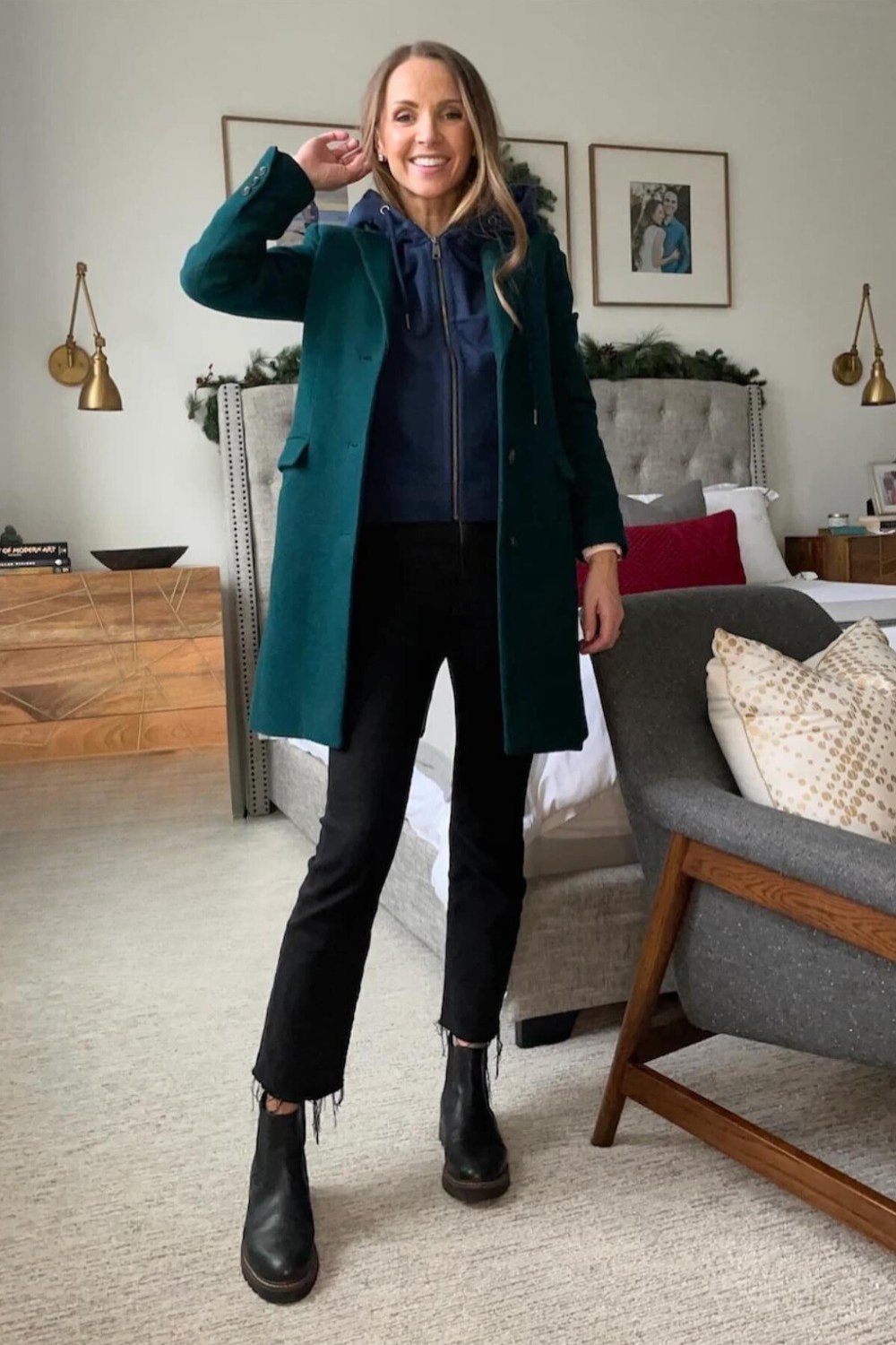 Long Coat, Black Straight-Leg Jeans, and Boots