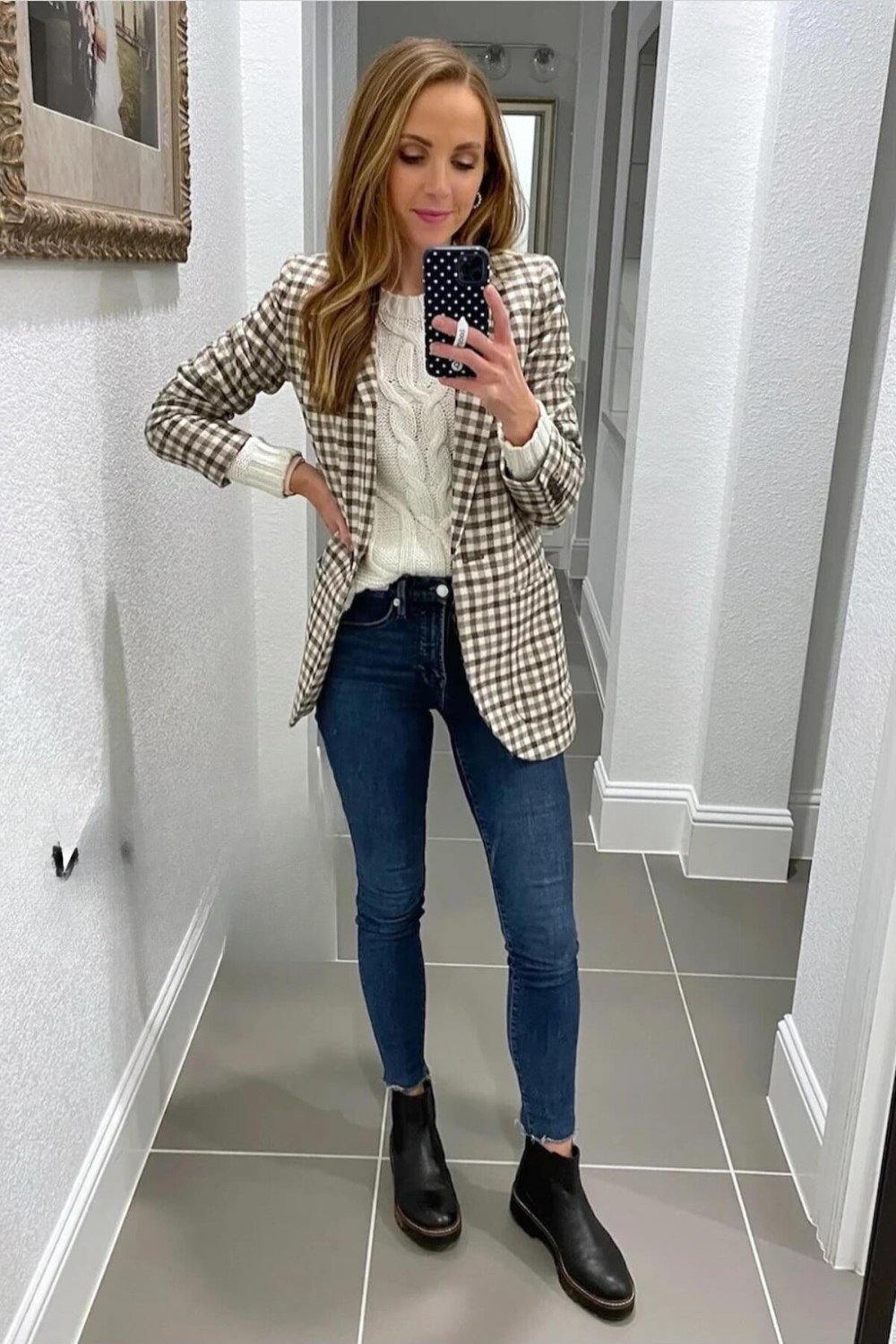 Gingham Blazer, Dark Wash Skinny Jeans, and Black Chelsea Boots