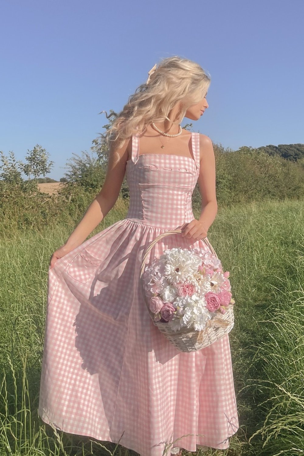 Pink Gingham Midi Dress