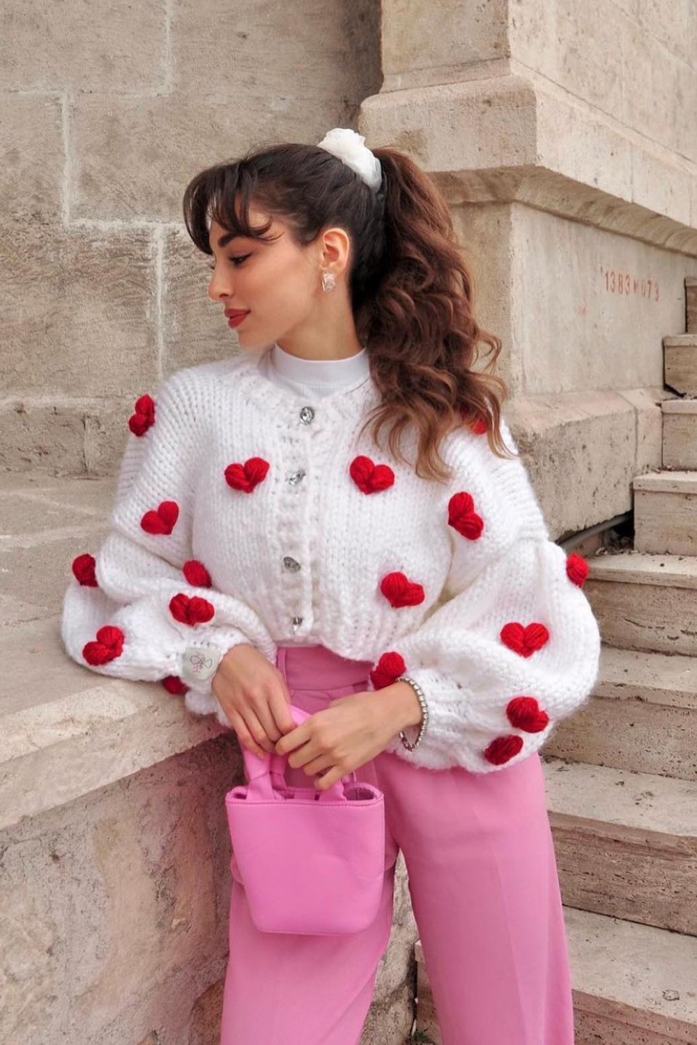 Red Heart Cardigan, Wide-leg Pants and Mini Handbag