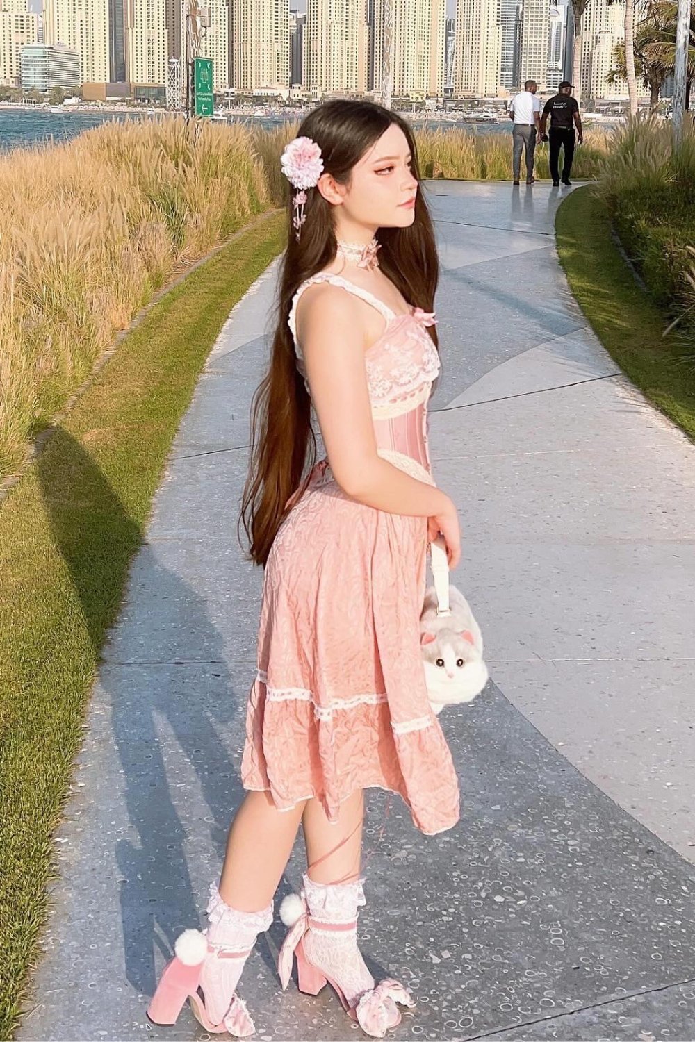 Pink Lace Corset Dress and Platform Sandals