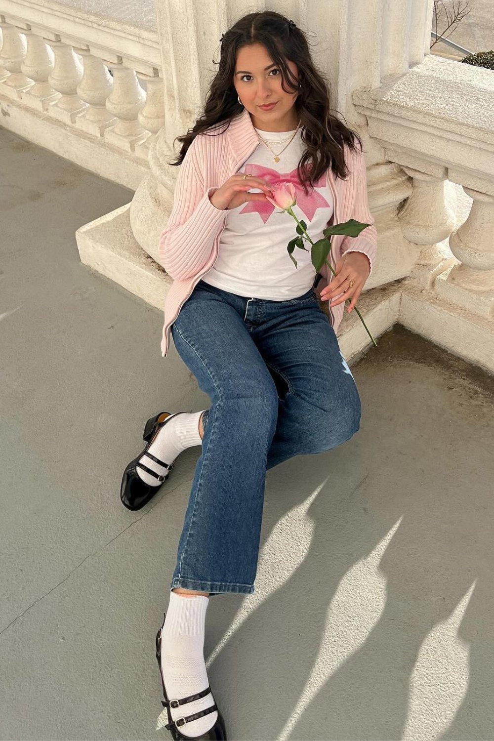 Pink Cardigan, White Tee, Jeans and Mary Janes