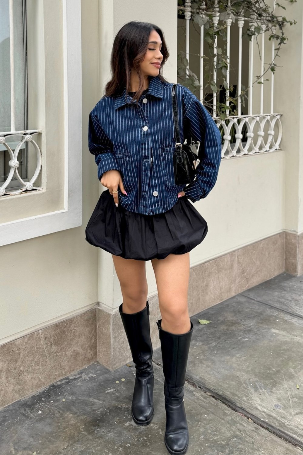 Pinstripe Blazer, Bubble Skirt and Knee-High Boots