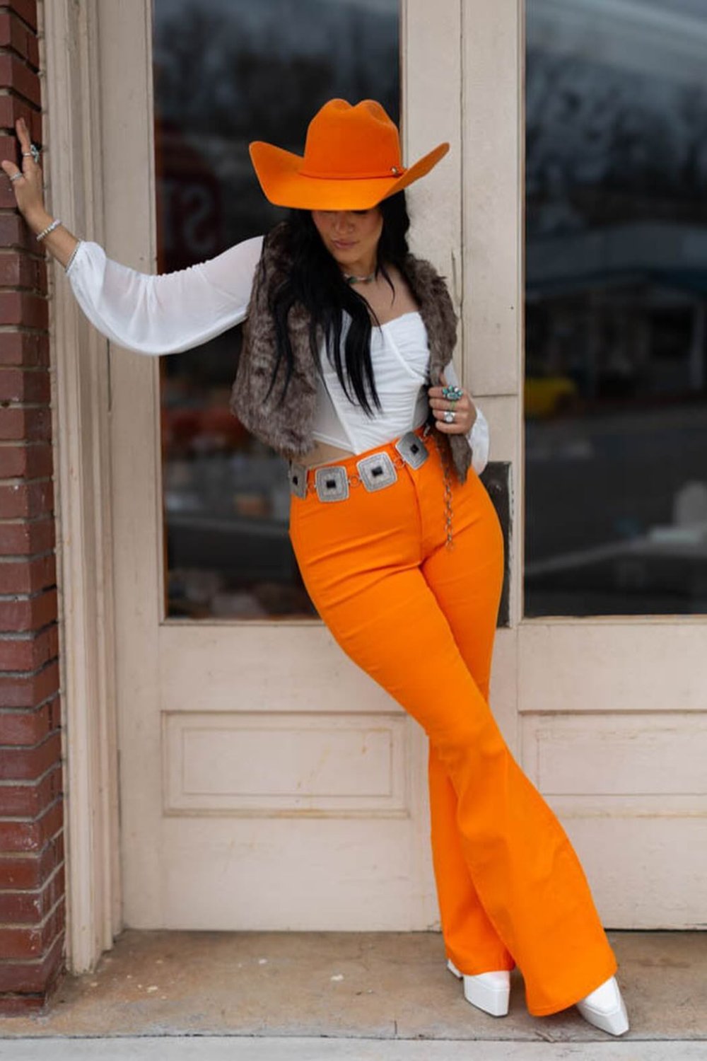 White Bell Sleeves & Orange Cowboy Hat