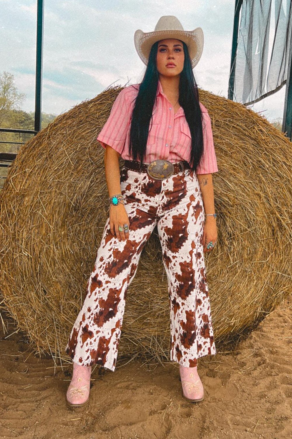 Pink Button-Up & Cow Print Pants