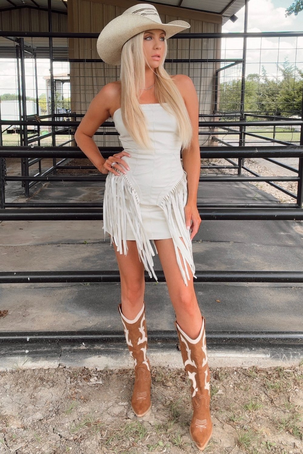 White Fringe Mini Dress & Beige Hat