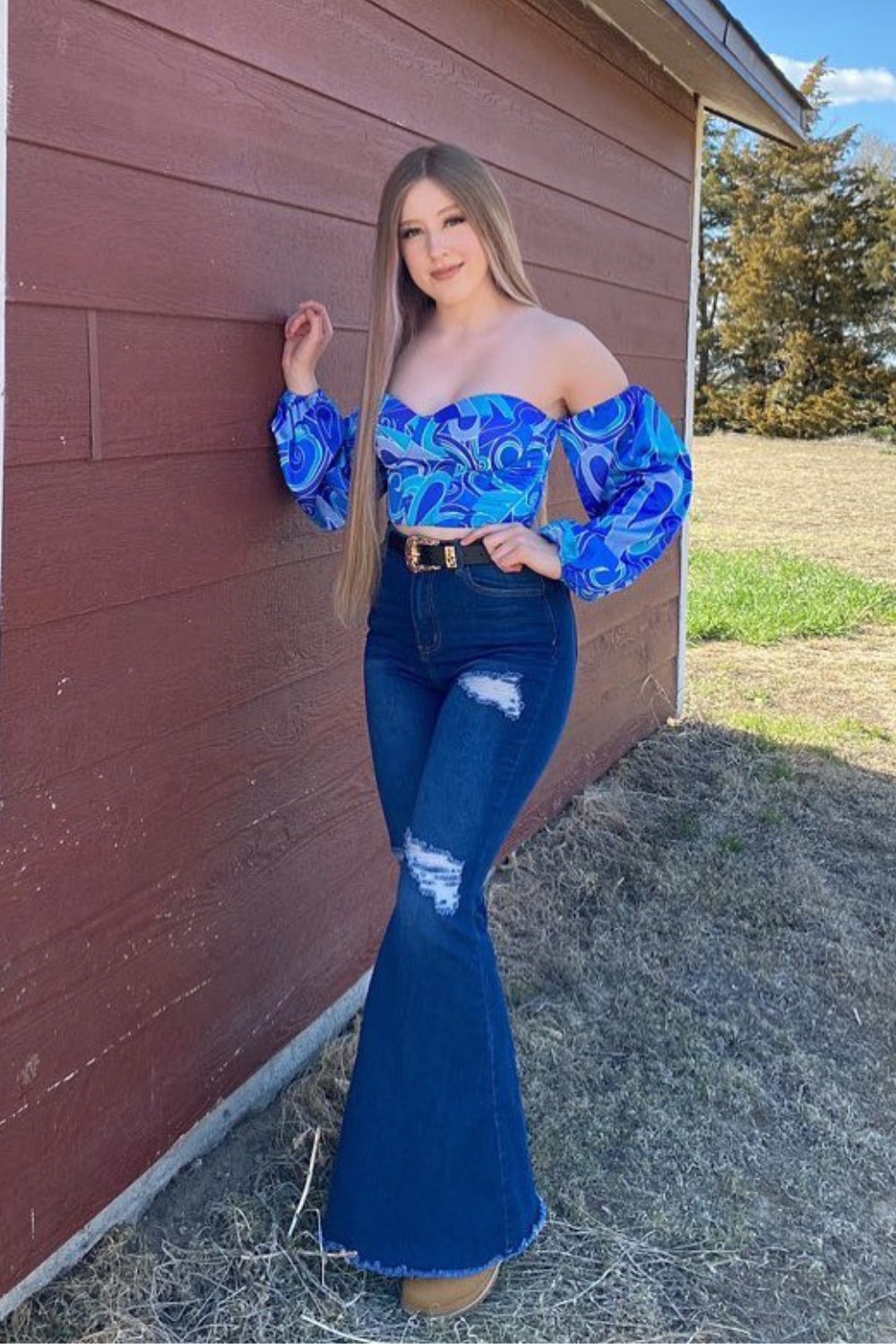 Blue Off-Shoulder Top & Flared Jeans