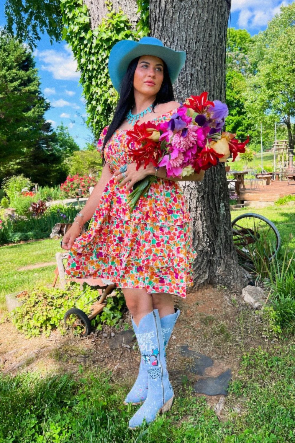 Floral Off-Shoulder Dress & Blue Hat