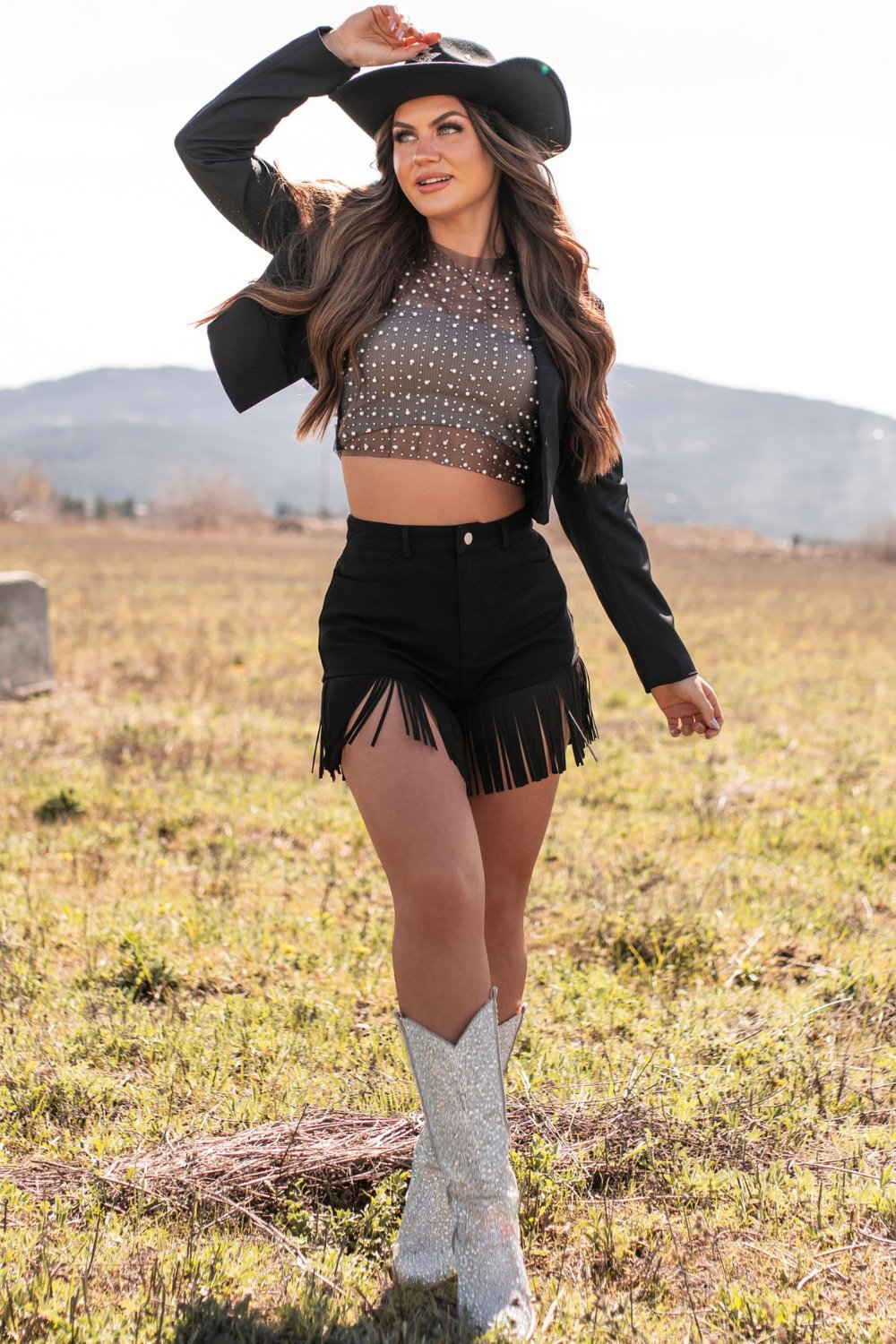 Rhinestone Crop & Fringe Shorts