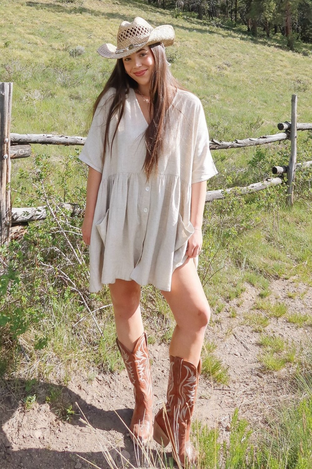 Beige Dress & Straw Cowboy Hat