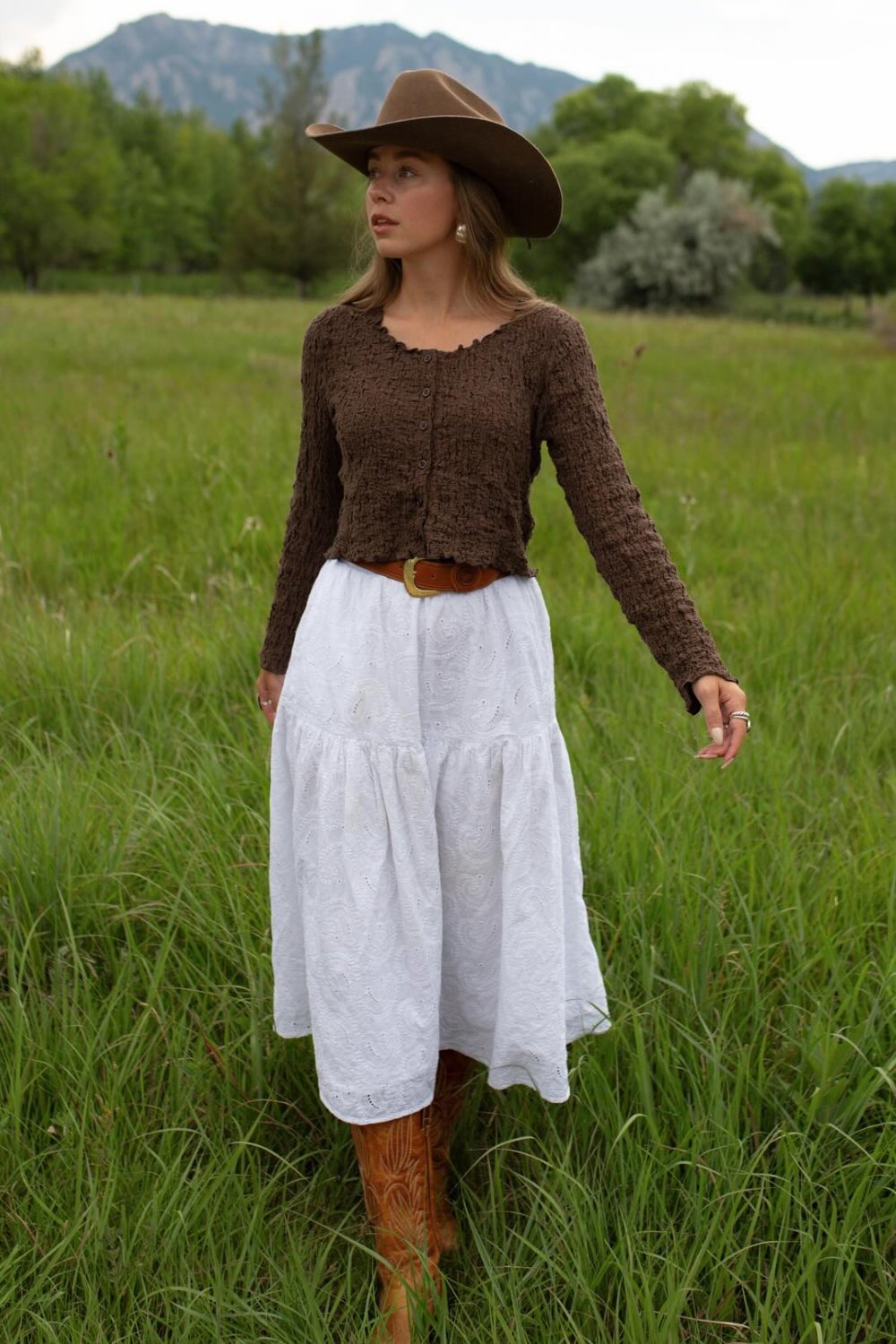 Tiered Maxi Skirt & Brown Cowboy Hat