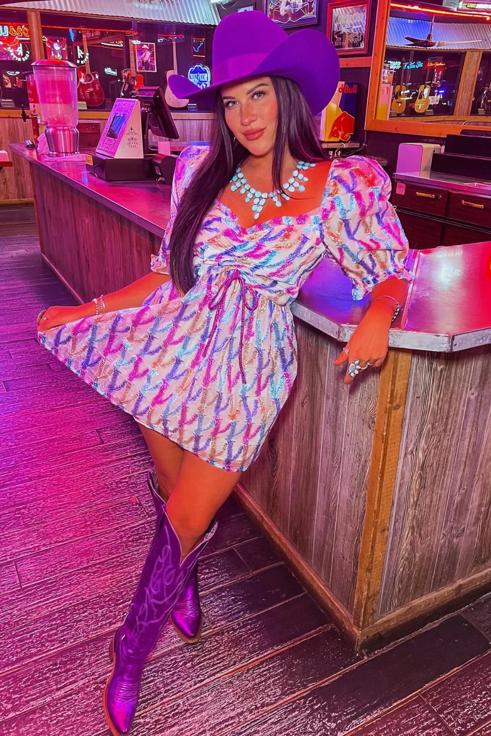 Multicolored Mini Dress & Purple Cowboy Hat