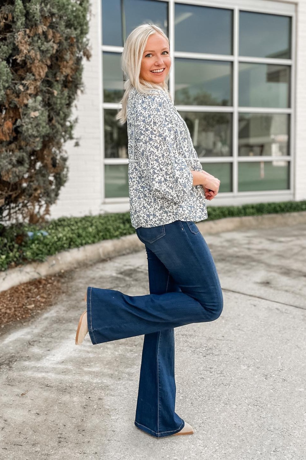 Floral Fantasy: Long Sleeve Blouse and Navy Jeans