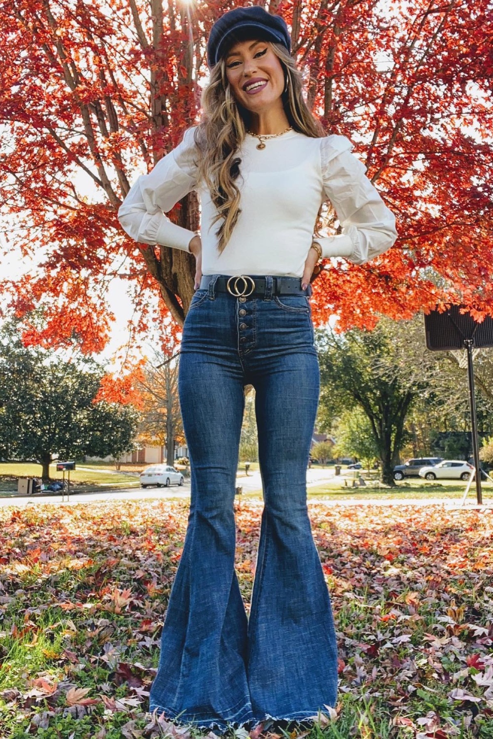 Romantic Ruffles: White Ruffled-Sleeve Top and Navy Beret