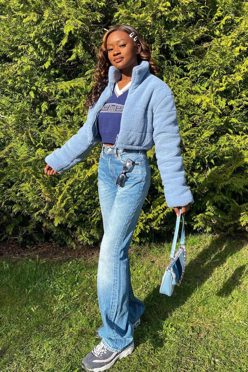 Textured and Trendy: Fuzzy Jacket and Cropped Sweater