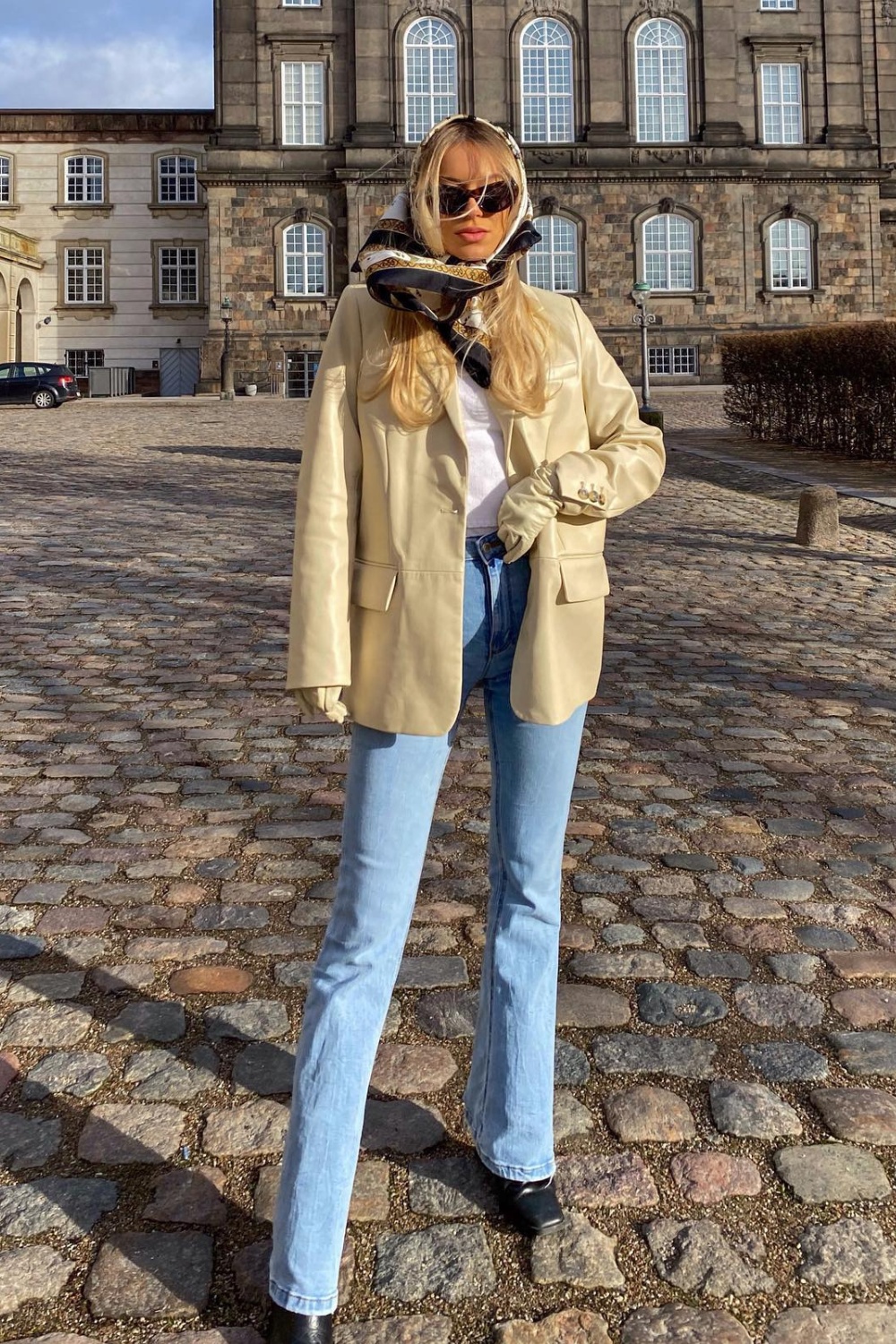 Polished and Professional: Beige Blazer and White Tee