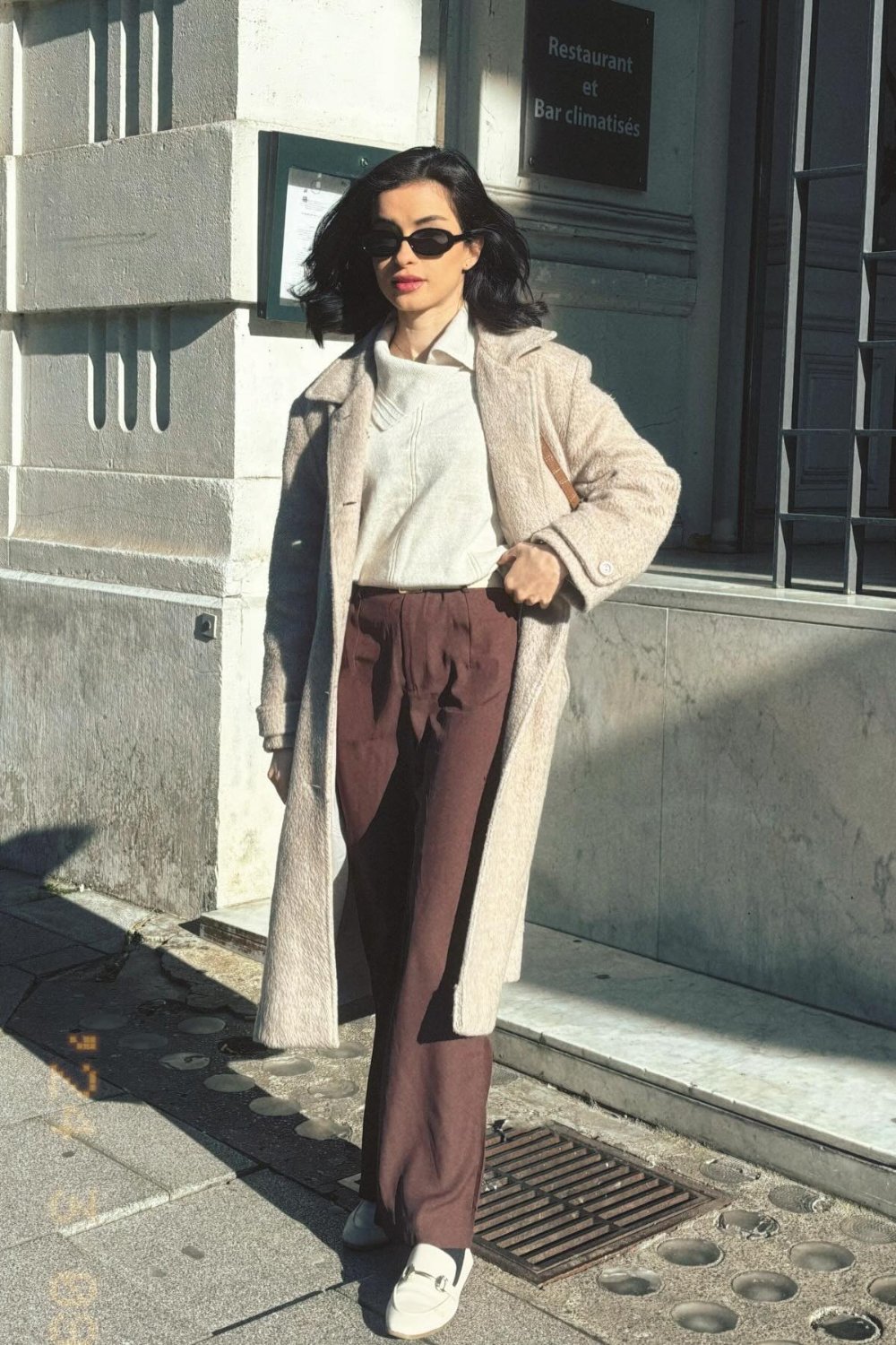 Collared Shirt, Wide-Leg Trousers, and Long Coat