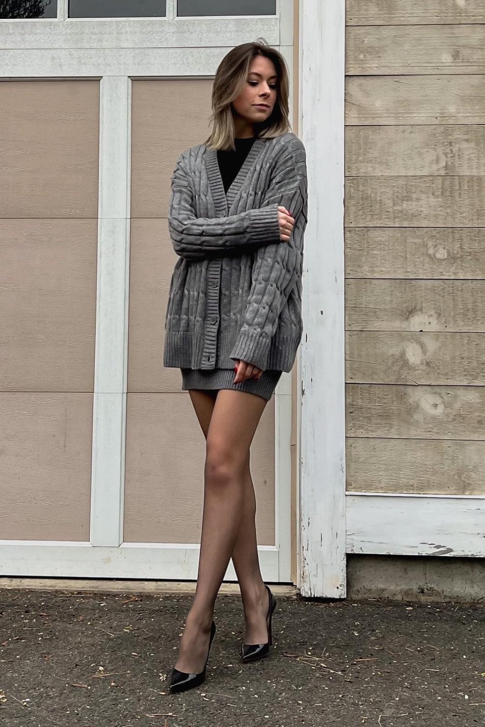 Textured Cardigan, Knit Skirt, and Black Top