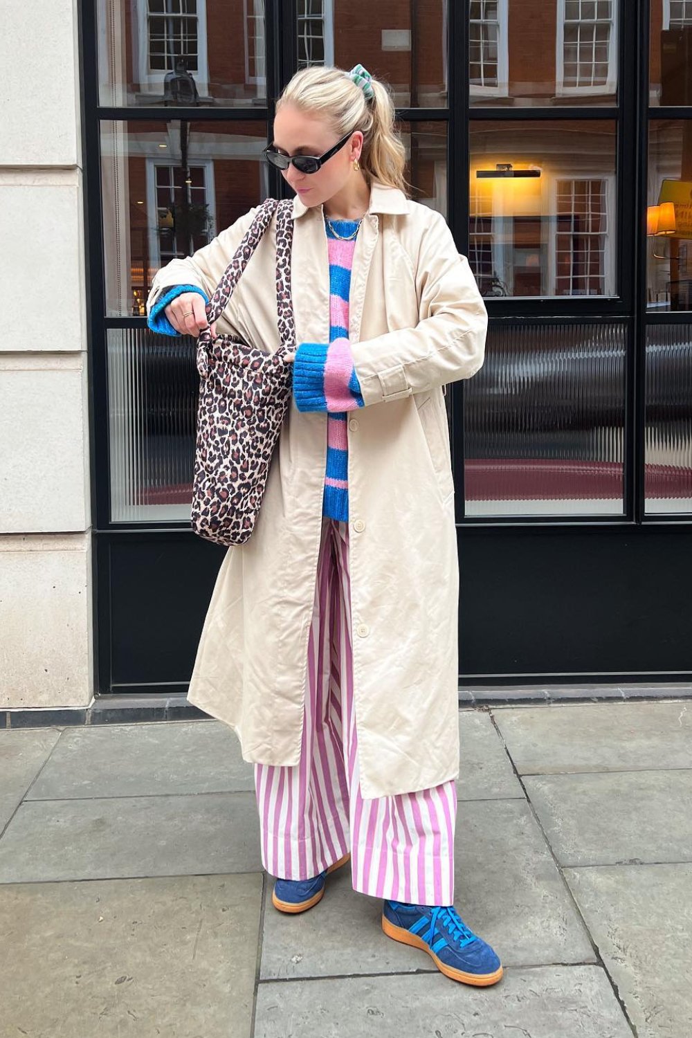 Colorful Sweater, Striped Pants, and Long Coat