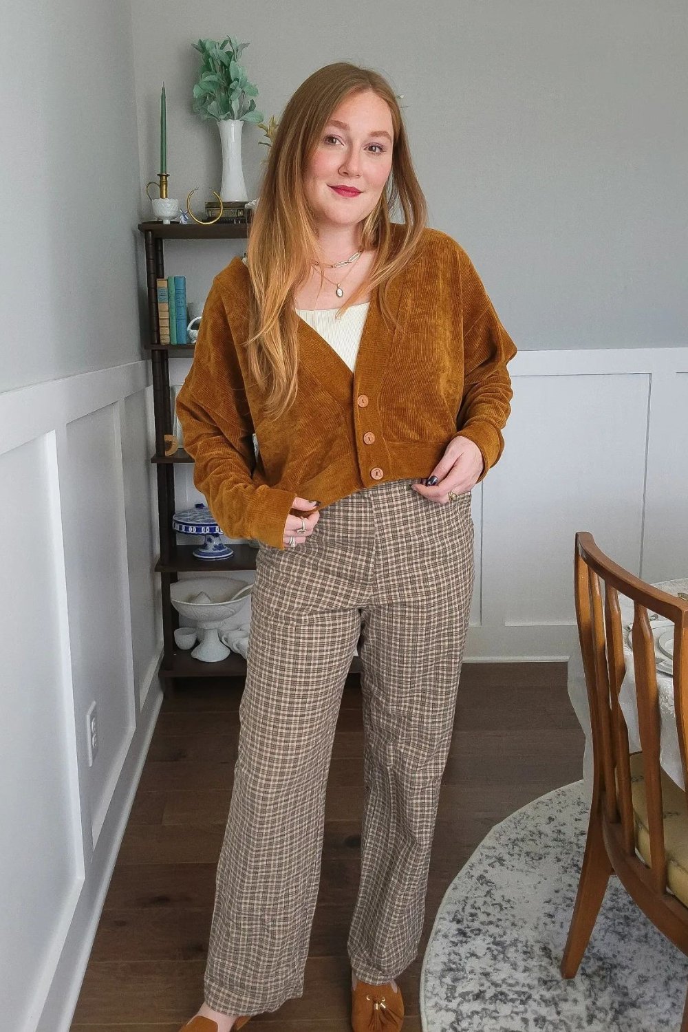 Mustard Cardigan and Plaid Pants